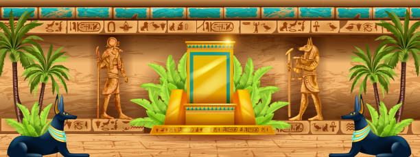 ägyptischer tempelhintergrund, goldener thron, götterstatue silhouette, vektor antike pharao pyramide wand. - golden temple stock-grafiken, -clipart, -cartoons und -symbole