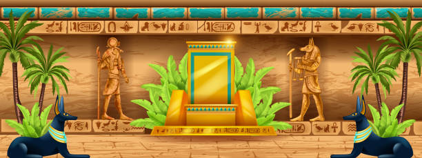 Egypt temple background, gold throne, gods statue silhouette, vector ancient pharaoh pyramid wall. Ancient civilization game interior, hieroglyphs, palace room, stone column. Egypt temple illustration egyptian palace stock illustrations
