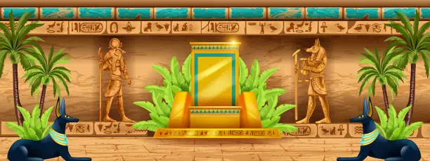 Vector illustration of Egypt temple background, gold throne, gods statue silhouette, vector ancient pharaoh pyramid wall.