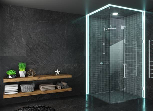 istock Modern dark glass shower room with led 1389723586
