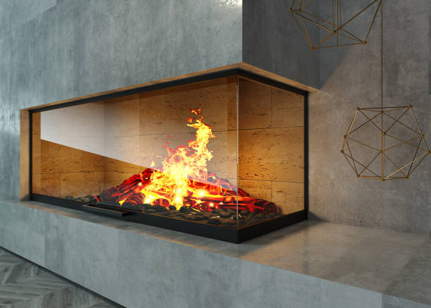 Fireplace burning with firewood logs. Christmas, winter, and travel concept. Warm cozy home