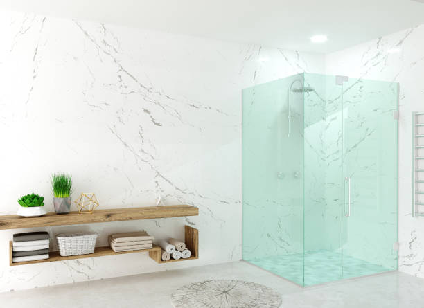 istock Modern white glass shower room with led 1389723600
