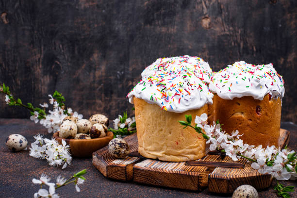 Traditional Easter cake kulich with topping stock photo