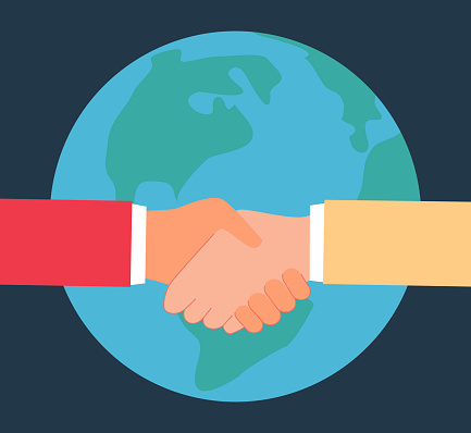 Global cooperation and handshake of two partners. Agreement of person shaking hands near Earth globe flat vector illustration. Diplomacy, trade concept for banner, website design or landing web page