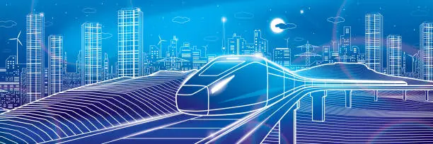 Vector illustration of Modern night town, neon town. Train rides. City Infrastructure and transport illustration. Urban scene. Vector design art. White outlines on blue background