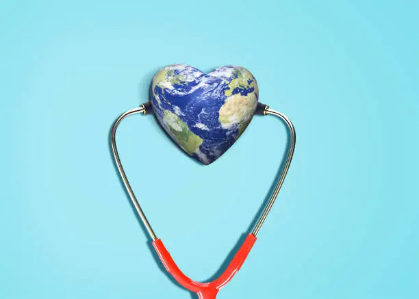 Our planet, our health. World Health day 2022 concept 3d background. World health day concept text design with doctor stethoscope. elements of this image furnished by NASA (https://earthobservatory.nasa.gov/blogs/elegantfigures/2011/10/06/crafting-the-blue-marble/)