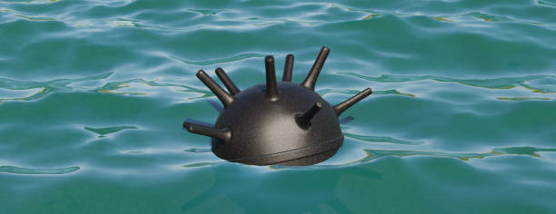 istock Naval Mine on sea, old sea mine, 3D rendering, 3D illustration. 1389730095
