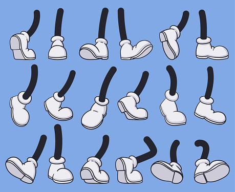Comic book cartoon foots, doodle mascot legs in boots. Cartoon comic mascot foot, shoe legs poses vector symbols illustrations. Doodle comic foots