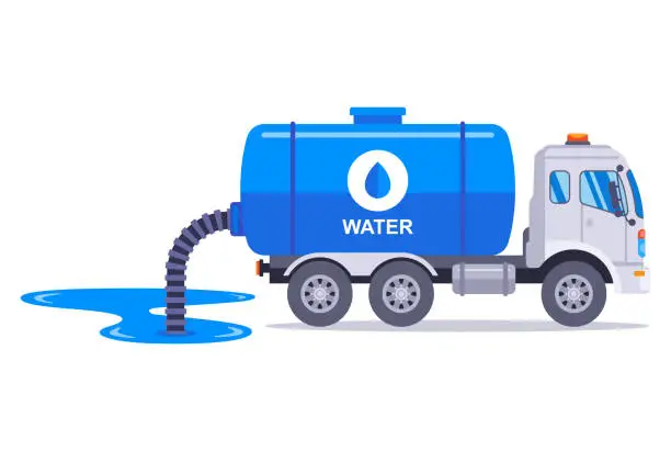 Vector illustration of the truck downloads water from the river from the hose into its barrel