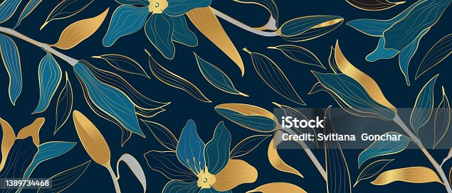 istock Vector banner with golden flowers in line-art style on a dark blue background. 1389734468