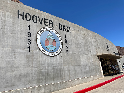 Boulder City, NV, USA - April 1, 2022: Close up of the Hoover Dam mural showing the years of construction of the dam, Boulder City, NV.