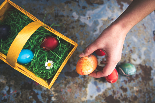view on female hands collecting colorful easter eggs in basket in garden