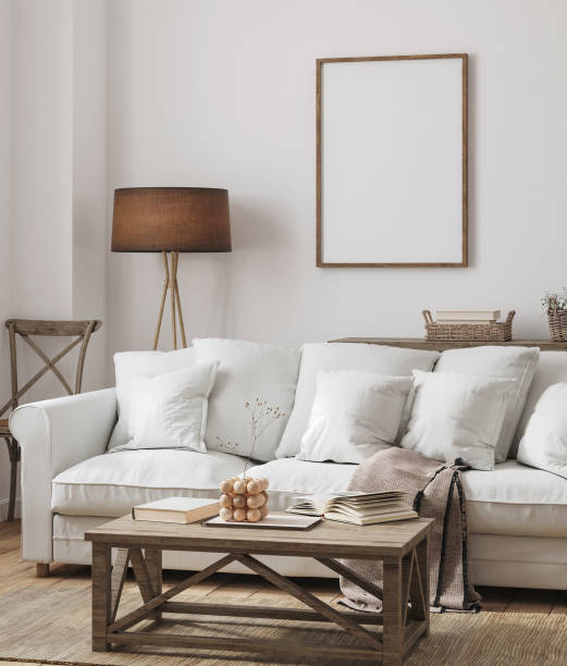 istock Mockup frame in farmhouse living room interior 1389736934