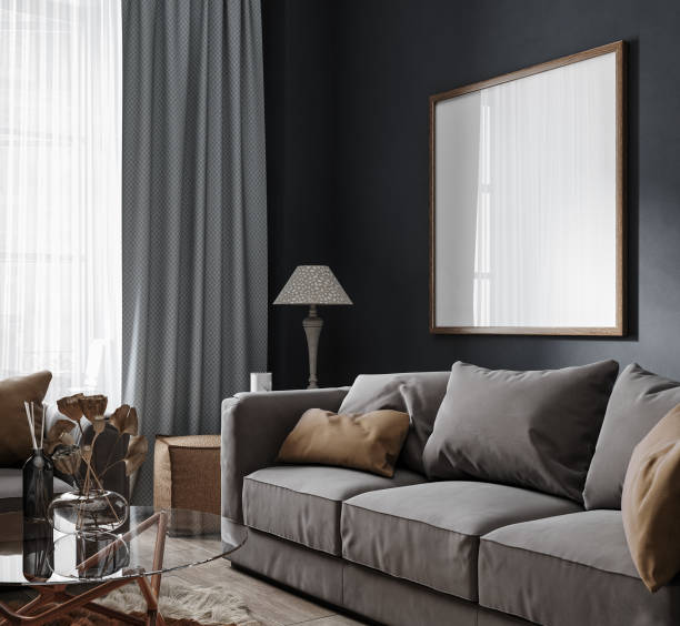 istock Poster frame mockup in modern dark home interior 1389736936