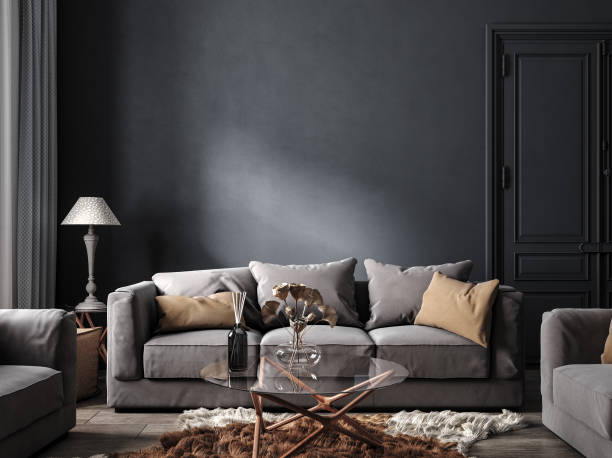 istock Home interior, luxury modern dark living room interior, empty wall mock up 1389736938