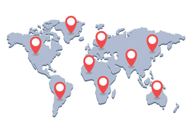 illustrazioni stock, clip art, cartoni animati e icone di tendenza di segni del puntatore sulla mappa del mondo. illustrazione vettoriale. - straight pin cartography map world map