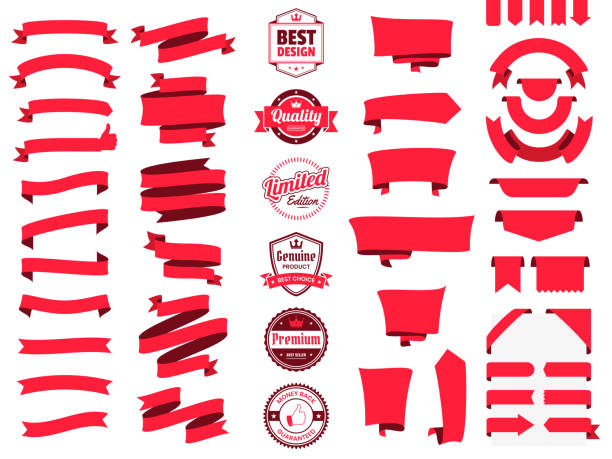 Set of Red Ribbons, Banners, badges, Labels - Design Elements on white background Set of red ribbons, banners, badges and labels, isolated on a blank background. Elements for your design, with space for your text. Vector Illustration (EPS10, well layered and grouped). Easy to edit, manipulate, resize or colorize. corner ribbon stock illustrations