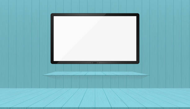 Empty wooden room with wide TV white blank flatscreen monitor mockup hanging on the wall and bookshelve.Vector illustration Icd monitor,oled,plasma on blue wooden wall.Interior design of Modern Studio Empty wooden room with wide TV white blank flatscreen monitor mockup hanging on the wall and bookshelve.Vector illustration Icd monitor,oled,plasma on blue wooden wall.Interior design of Modern Studio wall of tvs stock illustrations