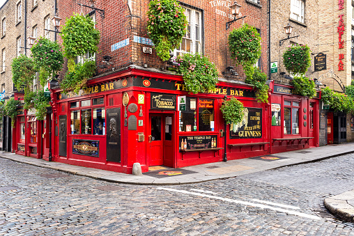 Dublin, Republic of Ireland, Europe - Temple Bar is a riverside neighbourhood with cobbled pedestrian lanes. Famous for it’s lively nightlife and live music venues.