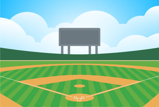 Vector baseball field baseball diamond baseball stadium stock illustration Vector baseball field baseball diamond baseball stadium, stadium showing green cut grass, blue sky with clouds, scoreboard in center field, home run wall, warning track, white painted foul lines and batters boxes, baseball stock illustrations