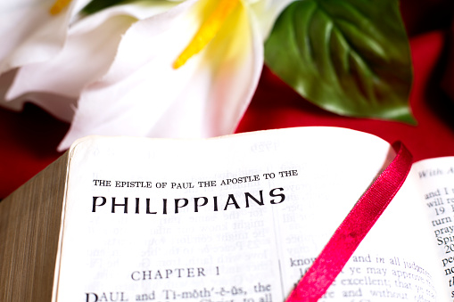 Bible Open to the beginning of the book of  Philippians, New Testament.
Red satin bookmark is across the page.
Background is a White lily on red tablecloth.