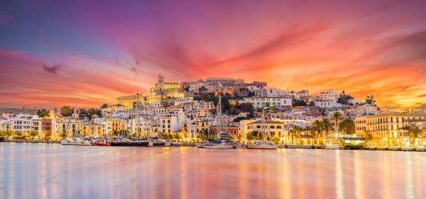 Landscape with Eivissa, Ibiza Landscape with Eivissa town at twilight time, Ibiza island, Spain ibiza island stock pictures, royalty-free photos & images