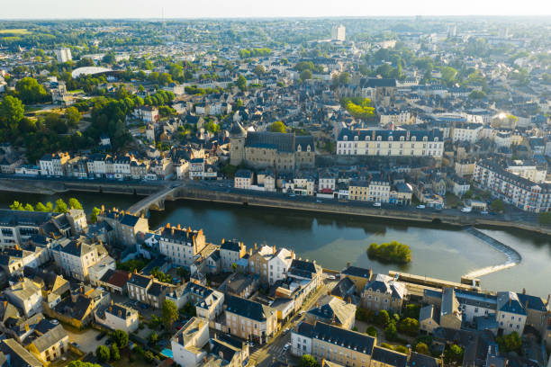 istock Drone view of Laval on Mayenne river with ancient castle, France 1389746586