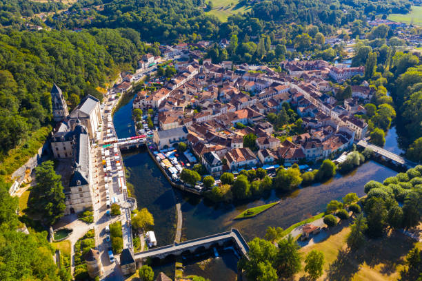 istock Flight over the city Brantome en Perigord on summer day 1389746779