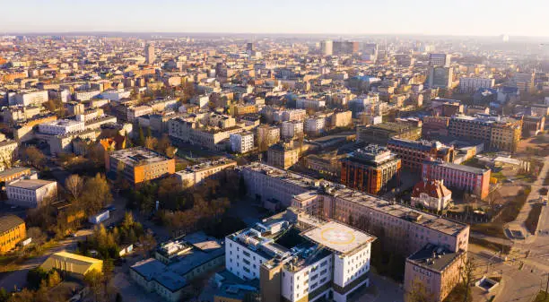 View from drone of contemporary townscape of Lodz, third largest city in Poland and former industrial centre on sunny spring day