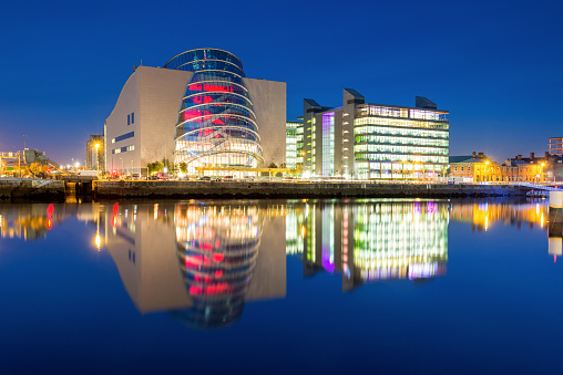 Wide angle view of  Dublin Convention Centre at night, River Liffey, Ireland