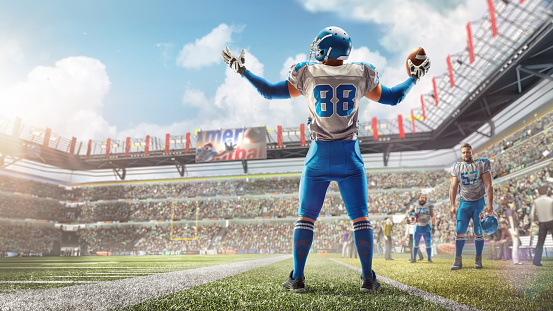 Joy in football. American football player celebrating victory at stadium during daytime. Sport emotions. Back view. Man