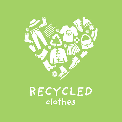 Recycled clothes vector illustration. Clothing icons in heart shape. Eco label.