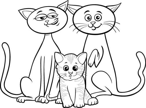 cartoon katzenfamilie mit kätzchen malbuch seite - coloring book coloring book pets stock-grafiken, -clipart, -cartoons und -symbole