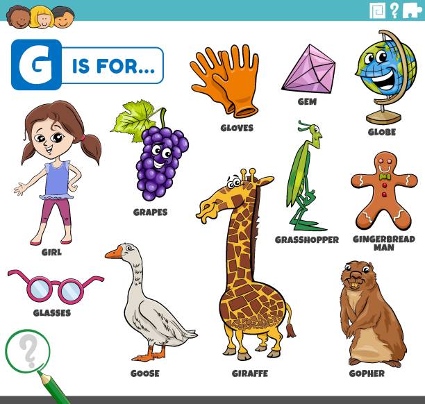 ilustraciones, imágenes clip art, dibujos animados e iconos de stock de letra g palabras conjunto educativo con personajes de dibujos animados - globe grape
