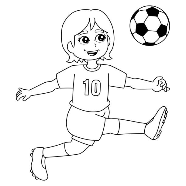 illustrations, cliparts, dessins animés et icônes de fille jouant au football coloriage isolé - soccer child silhouette sport