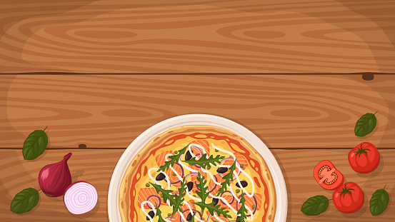 Detailed flat vector illustration of a delicious California-Style Pizza on a plate surrounded with fresh ingredients. Room for text.