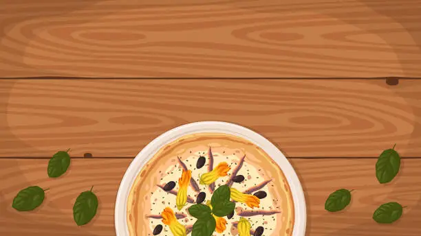 Vector illustration of Italian style Pizza Fiori di Zucca on a plate.