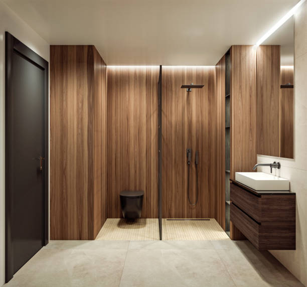 istock Modern interior design of bathroom shower, walnut wooden walls with rectangular mirror and vanity, minimalist and clean concept, 3d rendering 1389762534