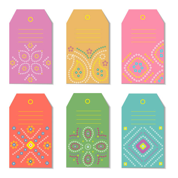 ilustrações, clipart, desenhos animados e ícones de conjunto de etiquetas de presente bandhani em cores de primavera - saree