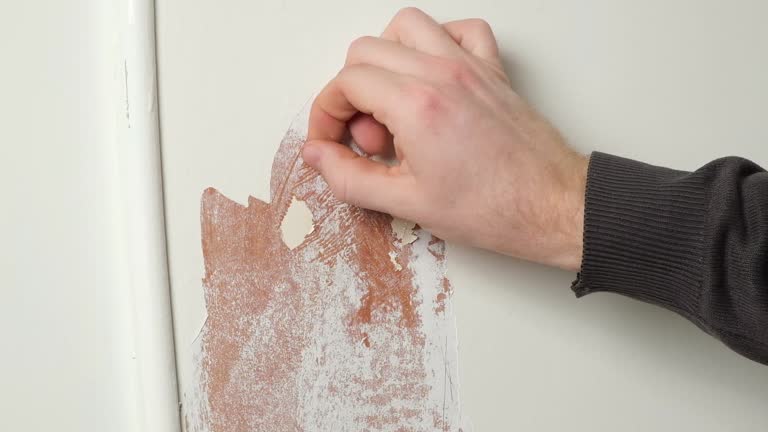 A man removes old white enamel paint from wooden door with a construction hair dryer and a spatula. Inflating paint bubbles due to hot air.