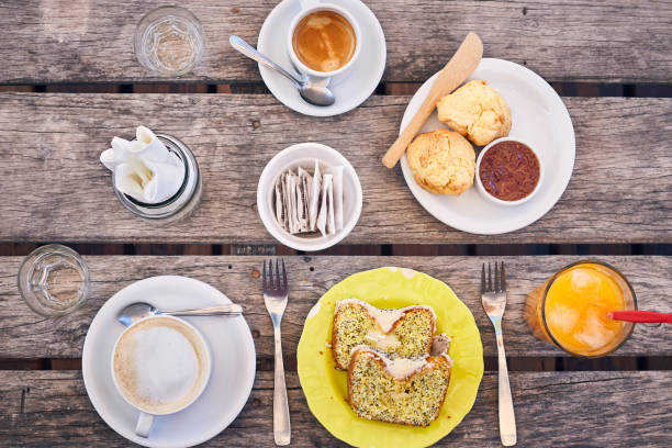 Top view of breakfast on a wooden table
