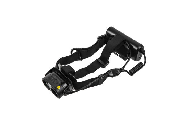 istock Modern LED headlamp. Portable lighting device mounted on the head. Isolate on a white background. 1389770761