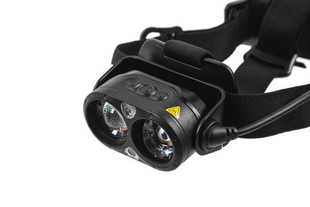 modern led headlamp. portable lighting device mounted on the head. isolate on a white background. - military airplane flash imagens e fotografias de stock