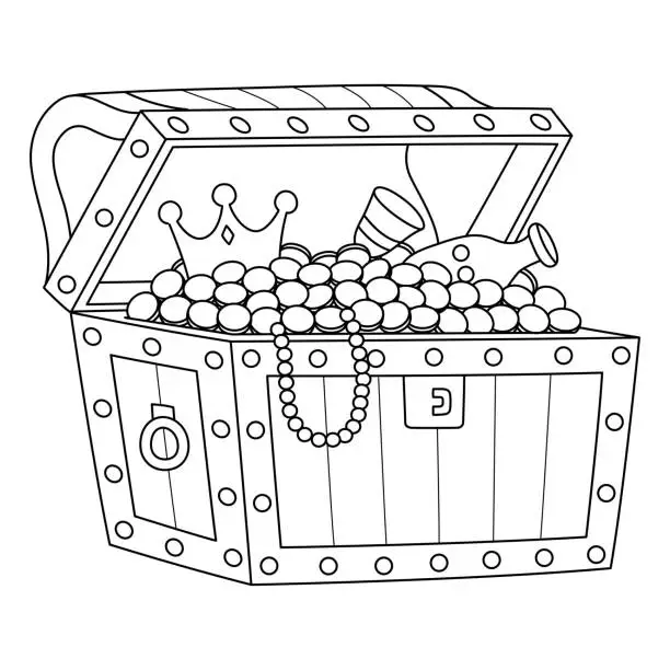 Vector illustration of Big Treasure Chest Coloring Page Isolated for Kids