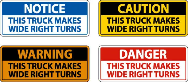 Vector illustration of Truck Makes Wide Right Turns Label Sign On White Background