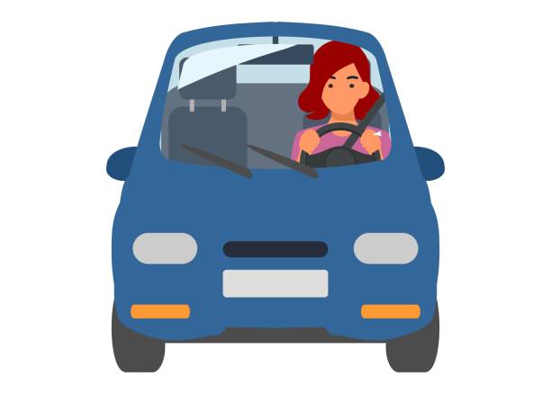 차를 운전하는 젊은 여성. 간단한 그림. - car driving women driver stock illustrations