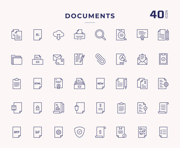 ilustraciones, imágenes clip art, dibujos animados e iconos de stock de documentos iconos de línea de trazo editables - symbol computer icon ring binder file