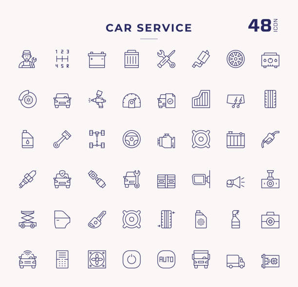 car service editable stroke line icons - vehicle breakdown hood car oil change stock-grafiken, -clipart, -cartoons und -symbole