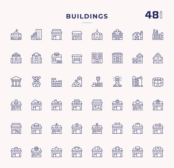 здания редактируемые иконки линии хода - store city built structure building exterior stock illustrations