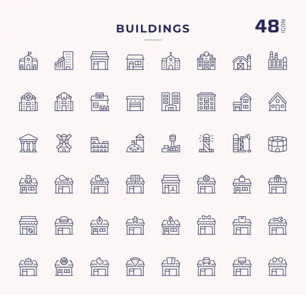 Vector illustration of Buildings Editable Stroke Line Icons